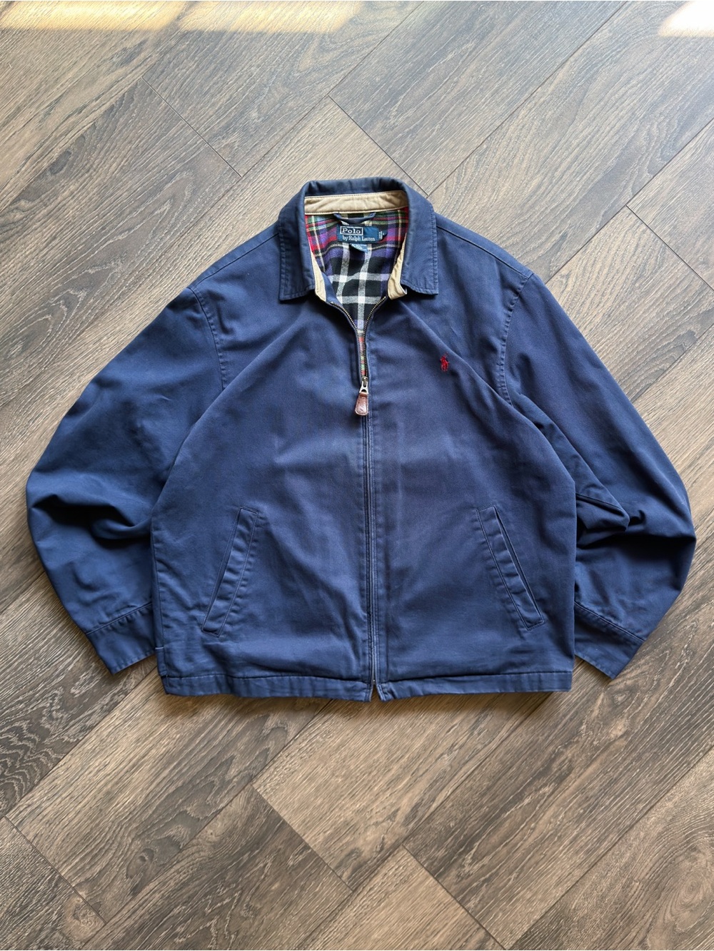 Polo Ralph Lauren Men’s Large Harrington Jacket Navy Plaid Lined Cotton Vintage